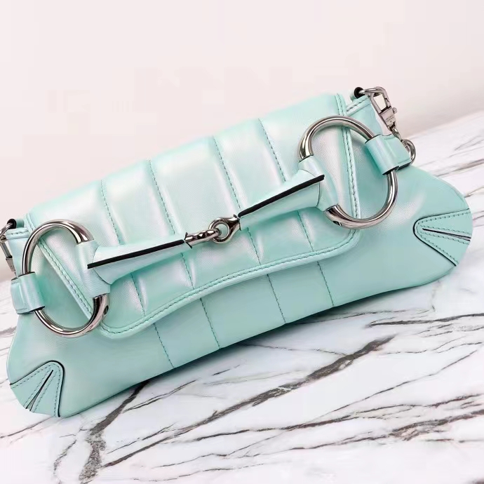 Gucci Women GG Horsebit Chain Small Shoulder Bag Light Blue Quilted Leather Maxi Horsebit (9)