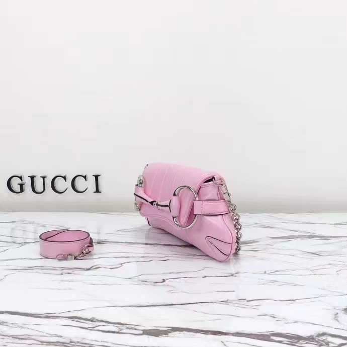 Gucci Women GG Horsebit Chain Small Shoulder Bag Pink Iridescent Quilted Leather Maxi Horsebit (1)