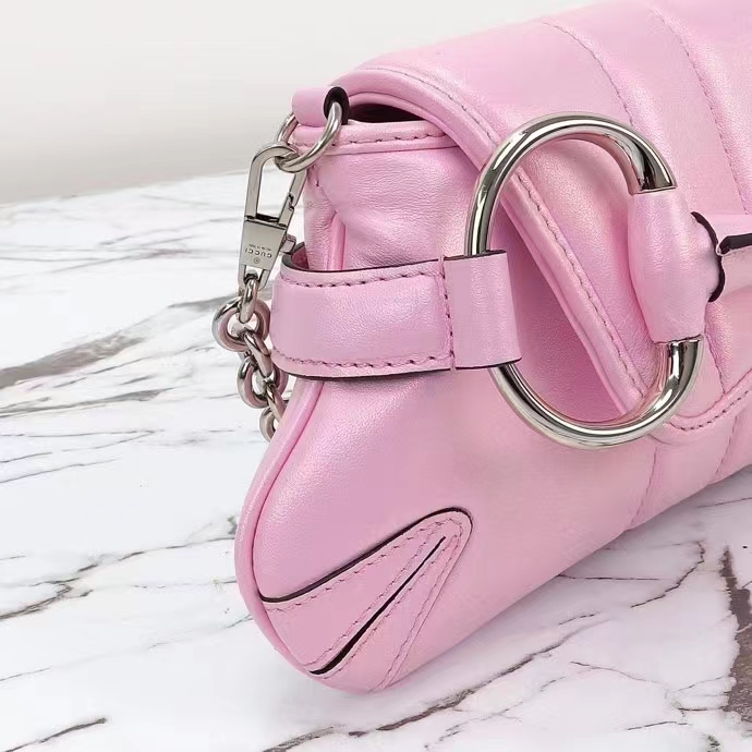 Gucci Women GG Horsebit Chain Small Shoulder Bag Pink Iridescent Quilted Leather Maxi Horsebit (10)