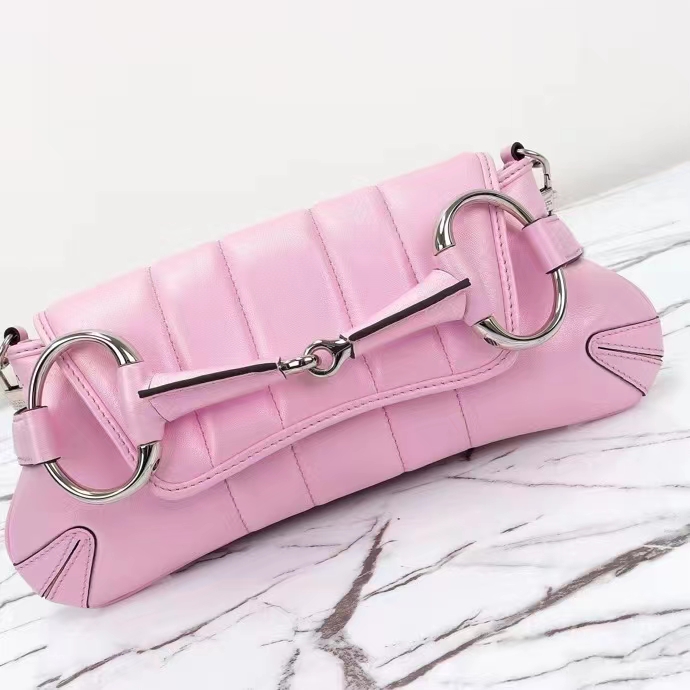 Gucci Women GG Horsebit Chain Small Shoulder Bag Pink Iridescent Quilted Leather Maxi Horsebit (2)