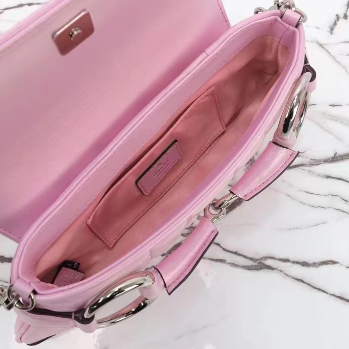 Gucci Women GG Horsebit Chain Small Shoulder Bag Pink Iridescent Quilted Leather Maxi Horsebit (3)