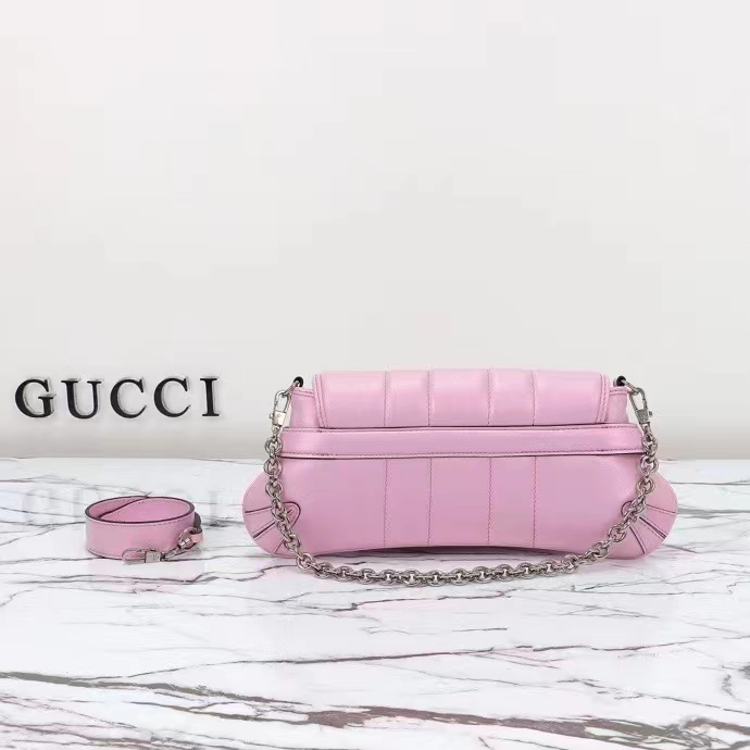 Gucci Women GG Horsebit Chain Small Shoulder Bag Pink Iridescent Quilted Leather Maxi Horsebit (4)