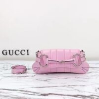 Gucci Women GG Horsebit Chain Small Shoulder Bag Pink Iridescent Quilted Leather Maxi Horsebit (8)