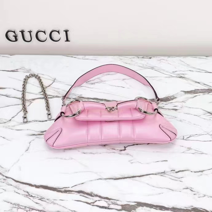 Gucci Women GG Horsebit Chain Small Shoulder Bag Pink Iridescent Quilted Leather Maxi Horsebit (7)