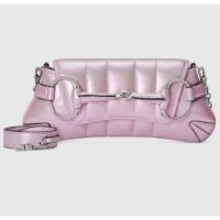 Gucci Women GG Horsebit Chain Small Shoulder Bag Pink Iridescent Quilted Leather Maxi Horsebit (8)