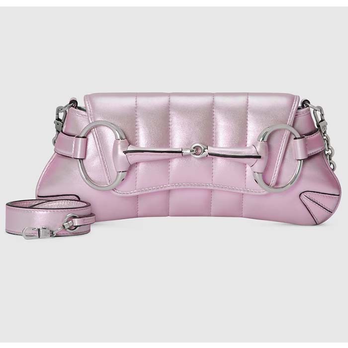 Gucci Women GG Horsebit Chain Small Shoulder Bag Pink Iridescent Quilted Leather Maxi Horsebit