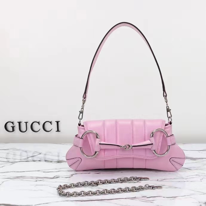 Gucci Women GG Horsebit Chain Small Shoulder Bag Pink Iridescent Quilted Leather Maxi Horsebit (9)