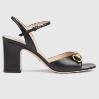 Gucci Women GG Horsebit Mid-Heel Sandal Black Leather Sole Ankle Buckle Closure (2)