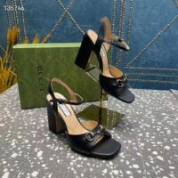 Gucci Women GG Horsebit Mid-Heel Sandal Black Leather Sole Ankle Buckle Closure (2)