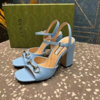 Gucci Women GG Horsebit Mid-Heel Sandal Blue Leather Sole Ankle Buckle Closure (4)