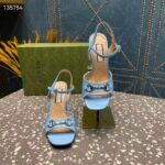 Gucci Women GG Horsebit Mid-Heel Sandal Blue Leather Sole Ankle Buckle Closure - Bild 5