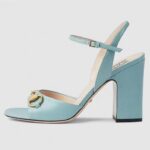 Gucci Women GG Horsebit Mid-Heel Sandal Blue Leather Sole Ankle Buckle Closure