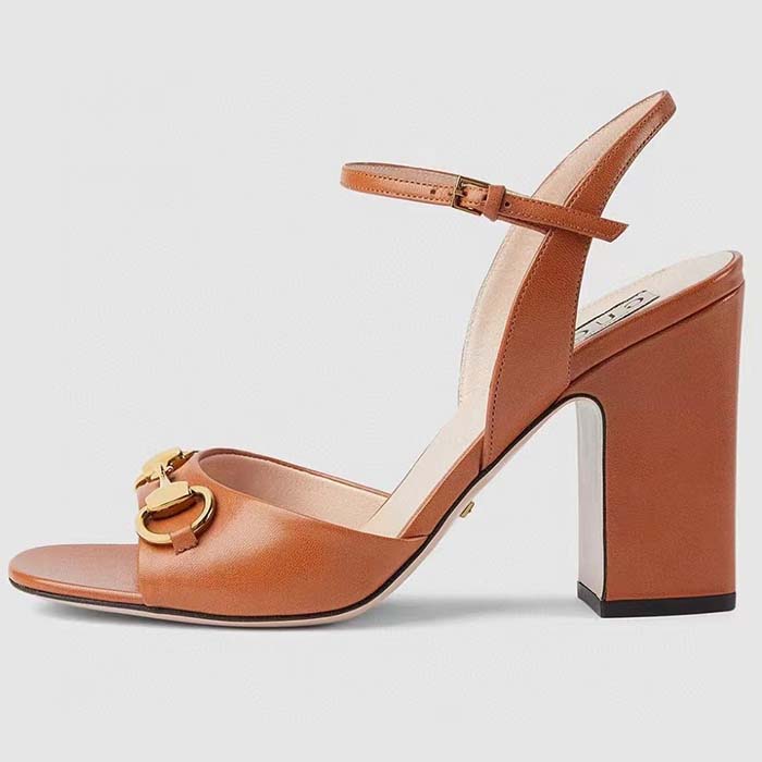 Gucci Women GG Horsebit Mid-Heel Sandal Brown Leather Sole Ankle Buckle Closure