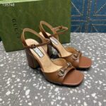 Gucci Women GG Horsebit Mid-Heel Sandal Brown Leather Sole Ankle Buckle Closure - Imagen 7