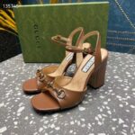 Gucci Women GG Horsebit Mid-Heel Sandal Brown Leather Sole Ankle Buckle Closure - Imagen 2