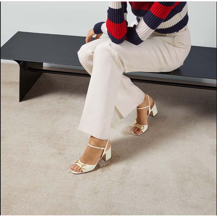 Gucci Women GG Horsebit Mid-Heel Sandal White Leather Sole Ankle Buckle Closure