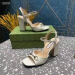 Gucci Women GG Horsebit Mid-Heel Sandal White Leather Sole Ankle Buckle Closure - Image 2