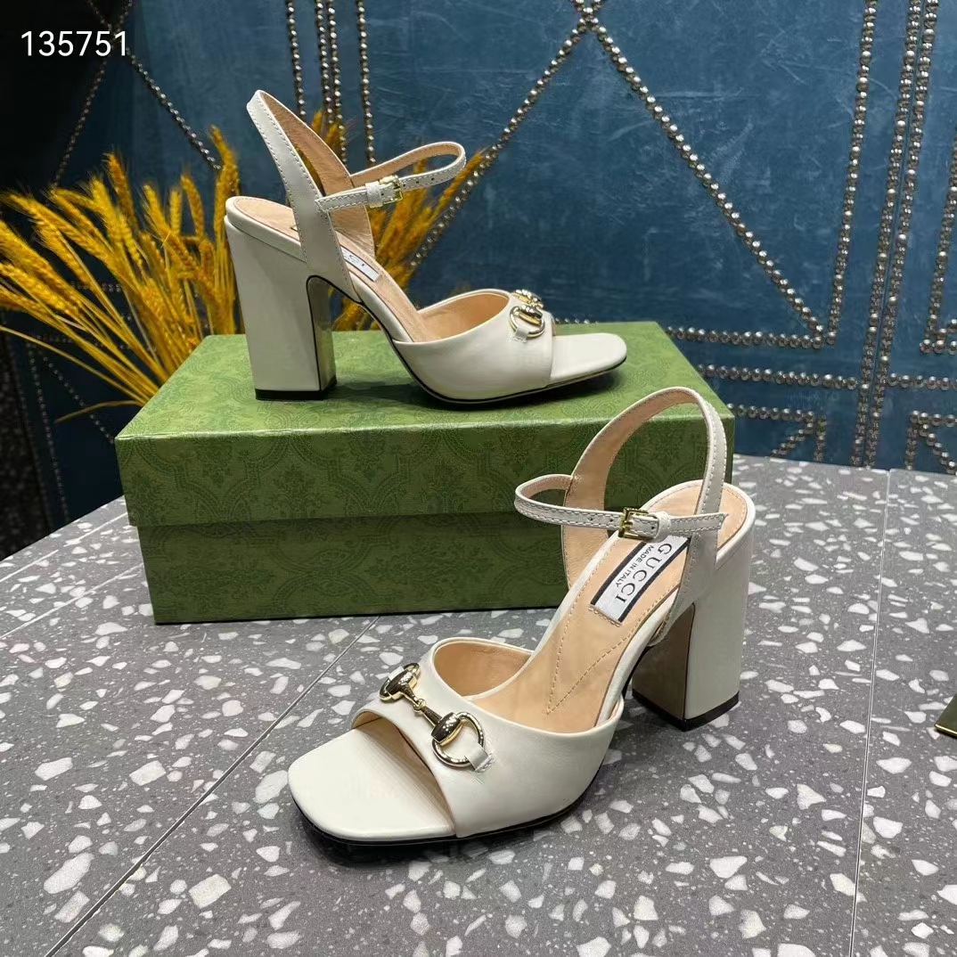 Gucci Women GG Horsebit Mid-Heel Sandal White Leather Sole Ankle Buckle Closure