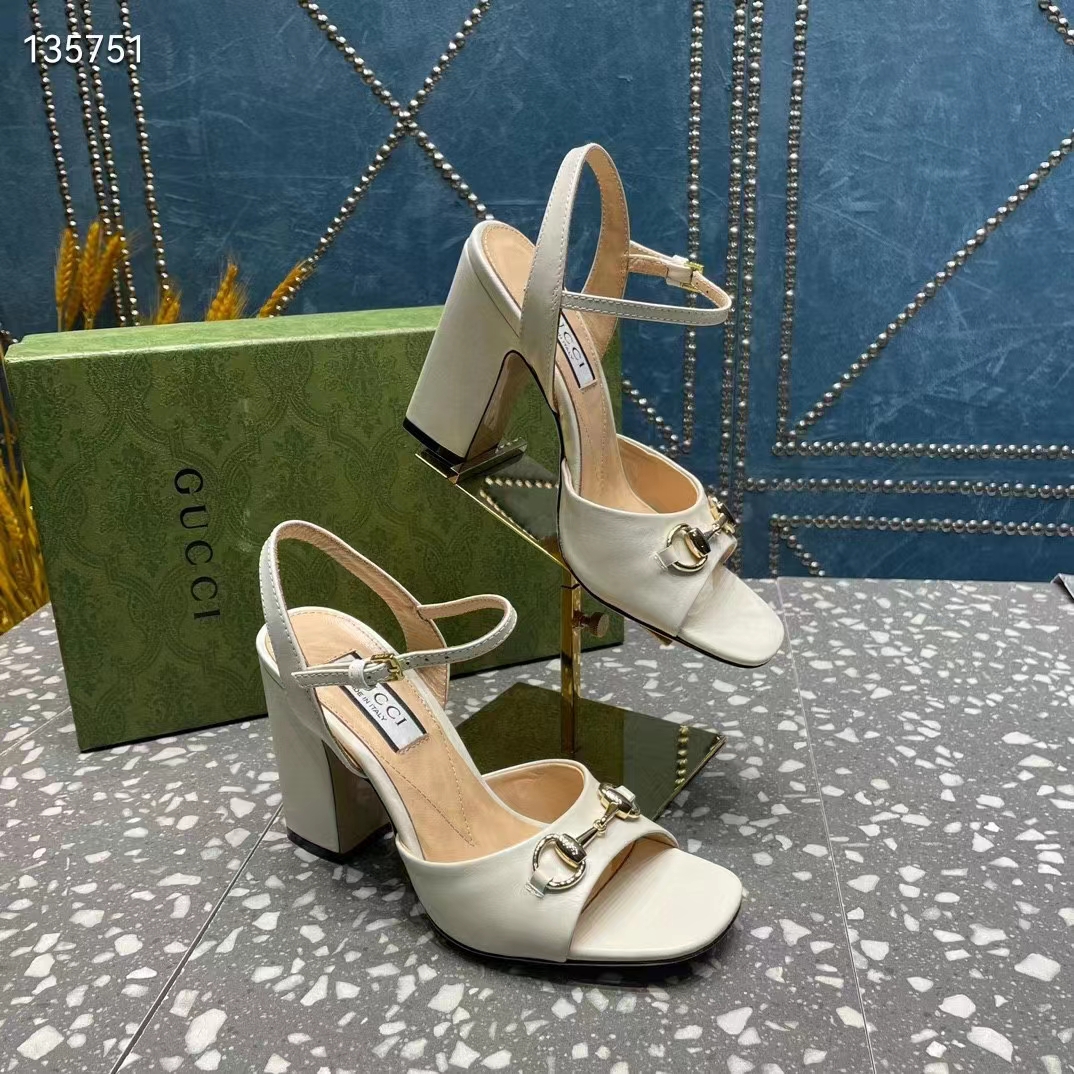 Gucci Women GG Horsebit Mid-Heel Sandal White Leather Sole Ankle Buckle Closure