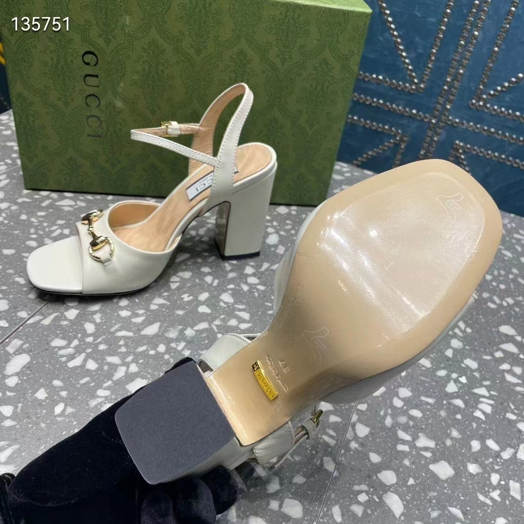 Gucci Women GG Horsebit Mid-Heel Sandal White Leather Sole Ankle Buckle Closure