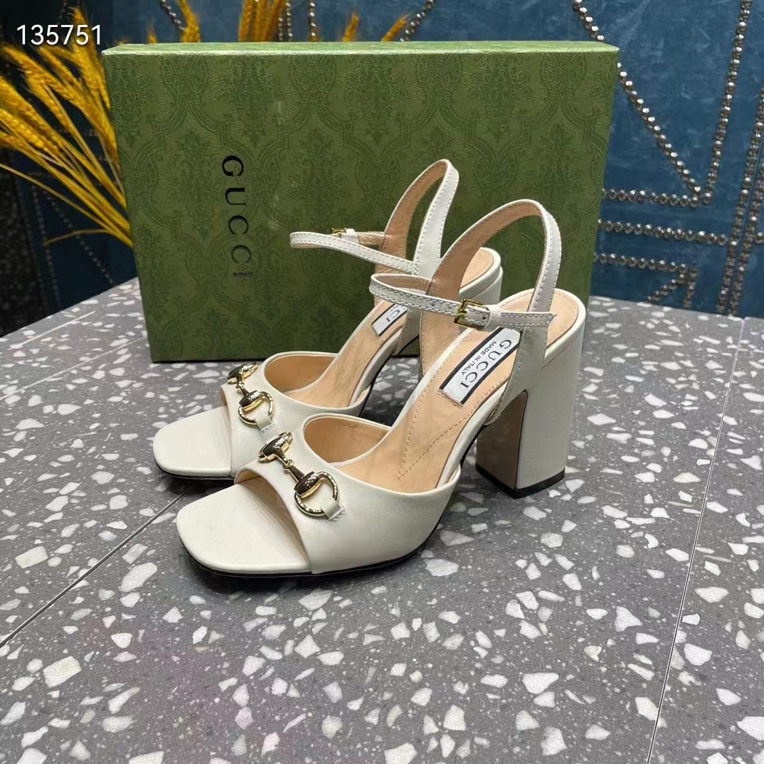 Gucci Women GG Horsebit Mid-Heel Sandal White Leather Sole Ankle Buckle Closure