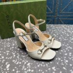 Gucci Women GG Horsebit Mid-Heel Sandal White Leather Sole Ankle Buckle Closure - Image 4