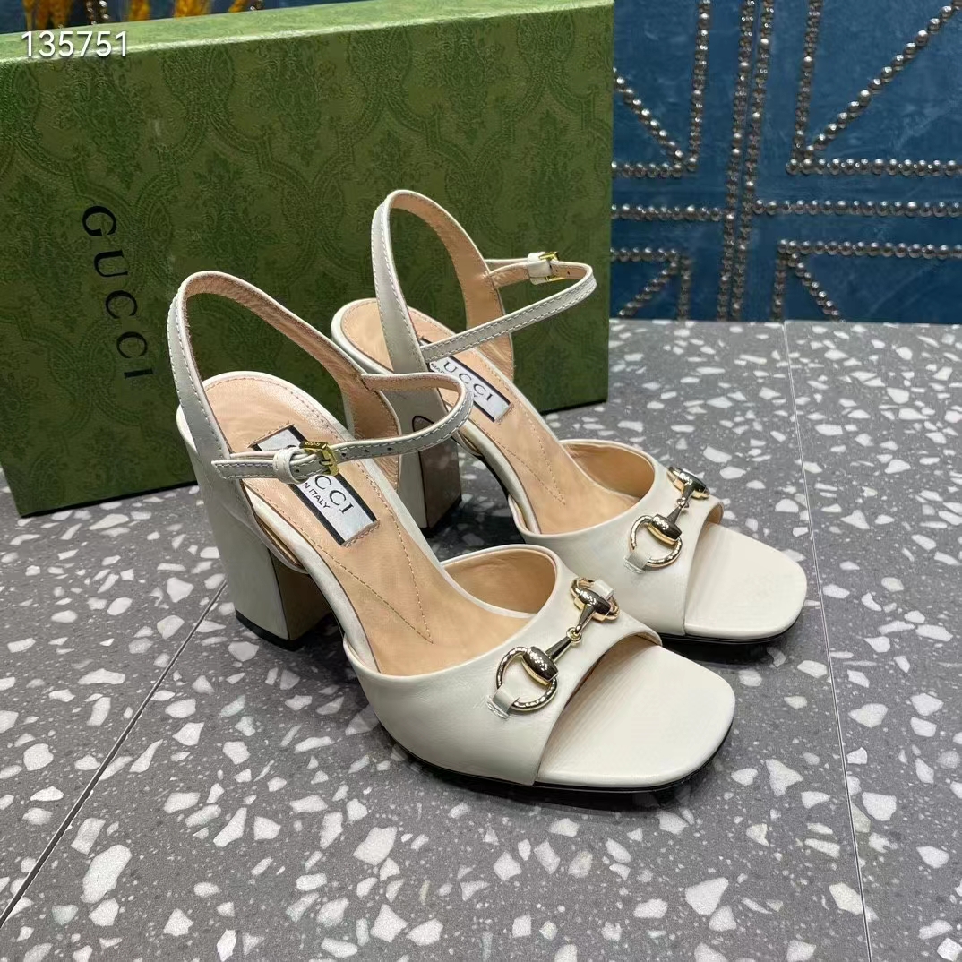 Gucci Women GG Horsebit Mid-Heel Sandal White Leather Sole Ankle Buckle Closure
