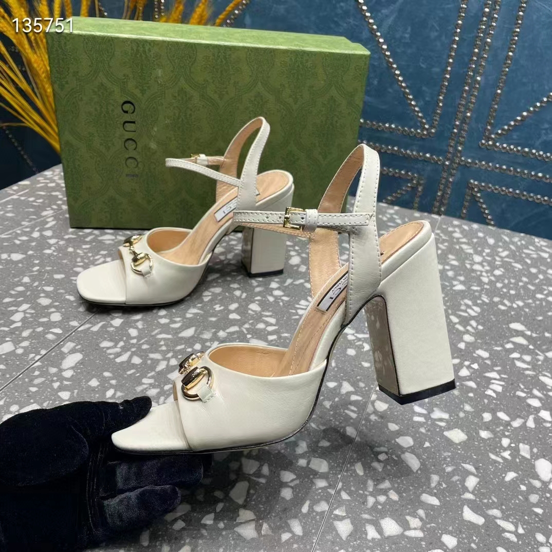 Gucci Women GG Horsebit Mid-Heel Sandal White Leather Sole Ankle Buckle Closure
