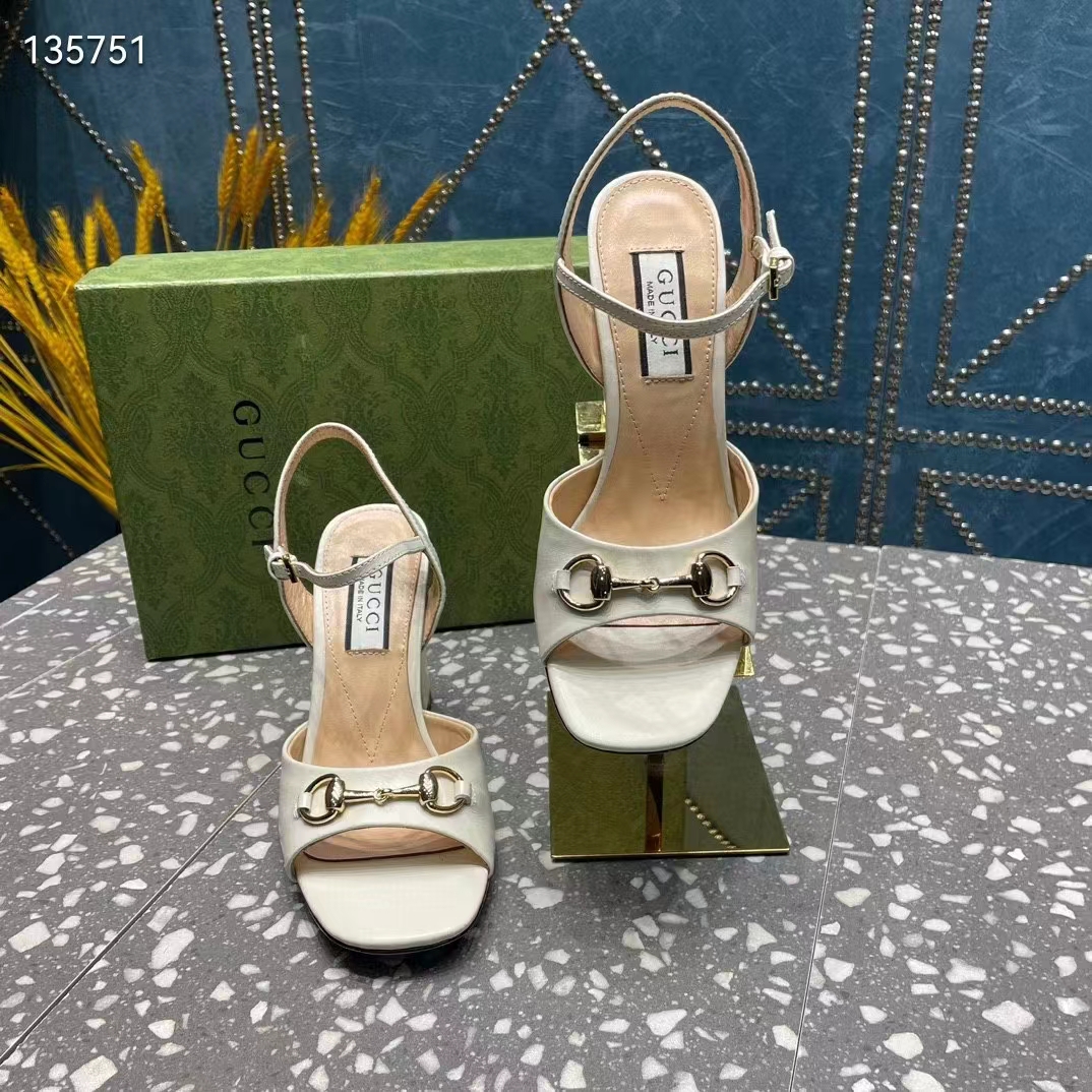 Gucci Women GG Horsebit Mid-Heel Sandal White Leather Sole Ankle Buckle Closure