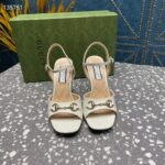 Gucci Women GG Horsebit Mid-Heel Sandal White Leather Sole Ankle Buckle Closure - Image 7