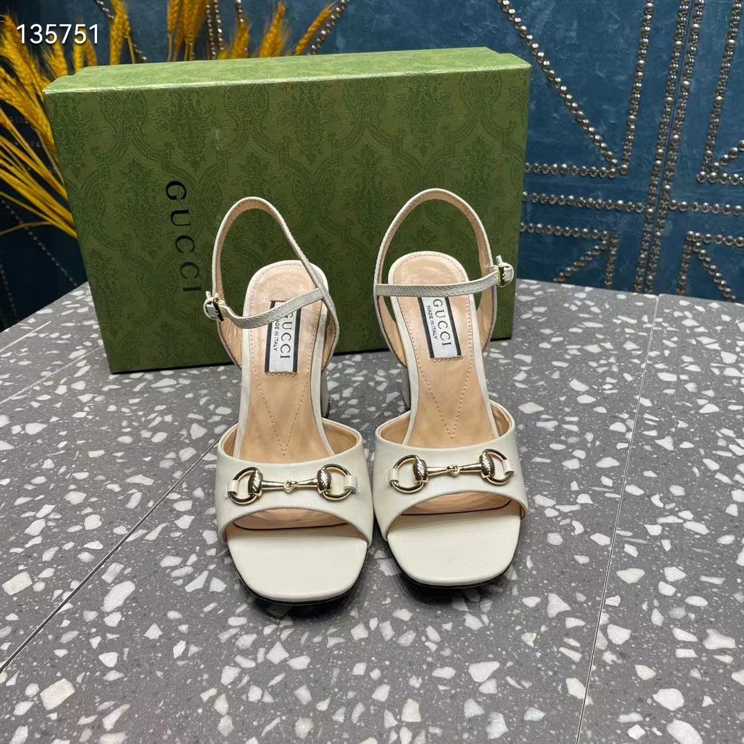 Gucci Women GG Horsebit Mid-Heel Sandal White Leather Sole Ankle Buckle Closure