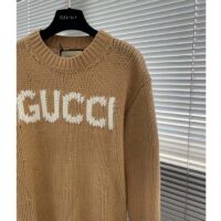 Gucci Women GG Knit Wool Sweater Gucci Intarsia Camel Ivory Crewneck Long Sleeves (3)