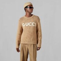 Gucci Women GG Knit Wool Sweater Gucci Intarsia Camel Ivory Crewneck Long Sleeves (3)