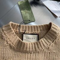 Gucci Women GG Knit Wool Sweater Gucci Intarsia Camel Ivory Crewneck Long Sleeves (3)