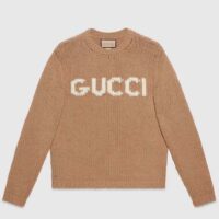 Gucci Women GG Knit Wool Sweater Gucci Intarsia Camel Ivory Crewneck Long Sleeves (3)