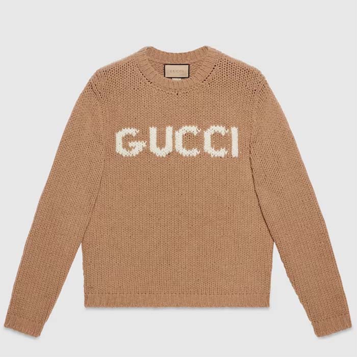 Gucci Women GG Knit Wool Sweater Gucci Intarsia Camel Ivory Crewneck Long Sleeves