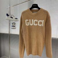 Gucci Women GG Knit Wool Sweater Gucci Intarsia Camel Ivory Crewneck Long Sleeves (3)