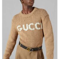 Gucci Women GG Knit Wool Sweater Gucci Intarsia Camel Ivory Crewneck Long Sleeves (3)