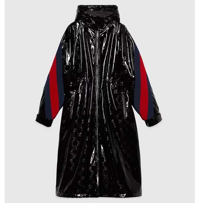 Gucci Women GG Lacquer Fabric Coat Web Black Shiny fabric Dropped Shoulder