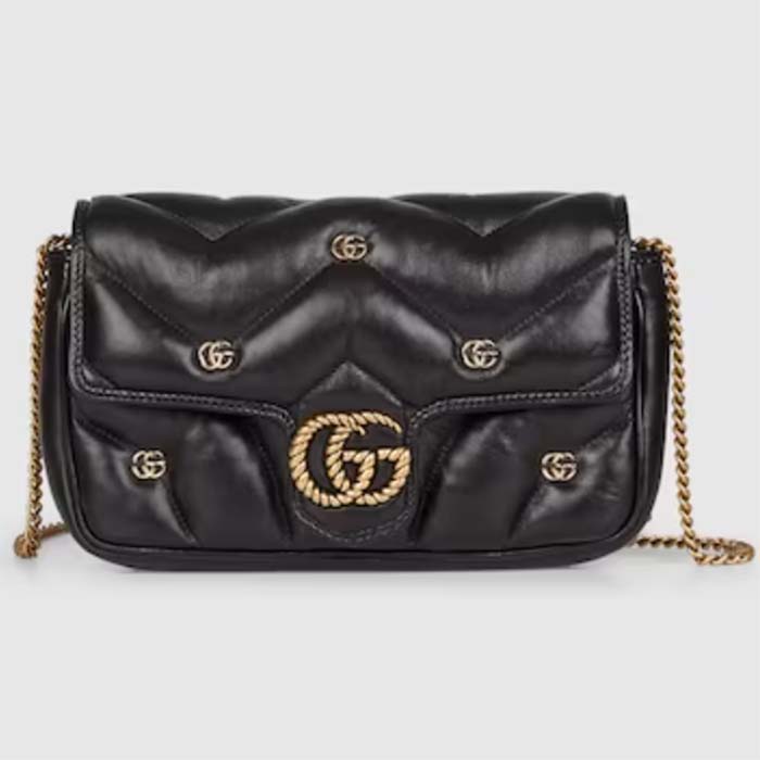 Gucci Women GG Marmont Mini Bag Black Double G Matelassé Chevron Leather