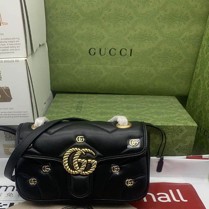 Gucci Women GG Marmont Mini Bag Black Double G Matelassé Chevron Leather (11)