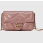 Gucci Women GG Marmont Mini Bag Pink Matelassé Chevron Leather Double G