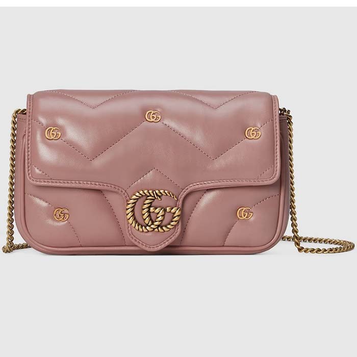 Gucci Women GG Marmont Mini Bag Pink Matelassé Chevron Leather Double G