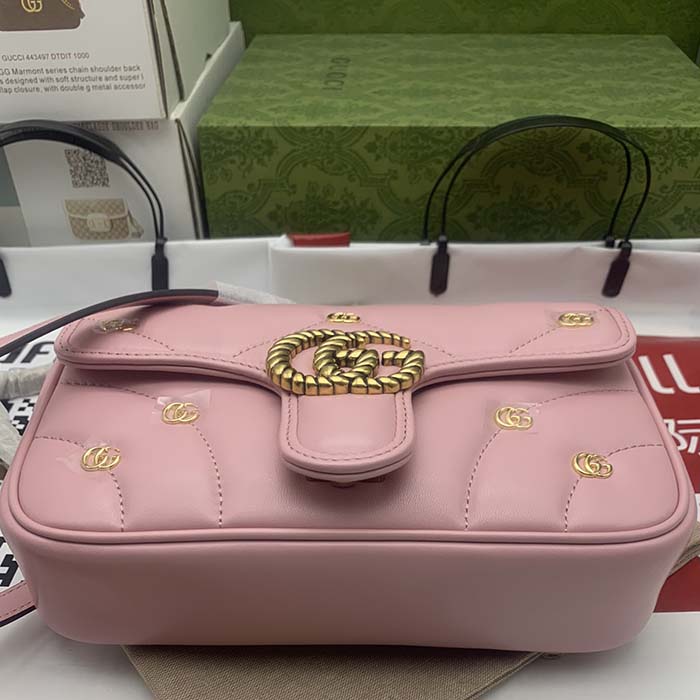 Gucci Women GG Marmont Mini Bag Pink Matelassé Chevron Leather Double G (6)