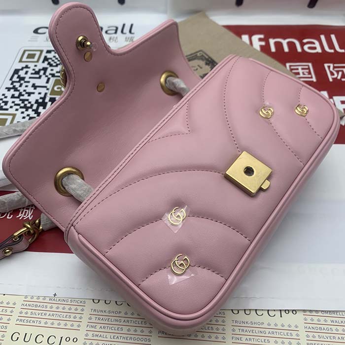 Gucci Women GG Marmont Mini Bag Pink Matelassé Chevron Leather Double G (7)