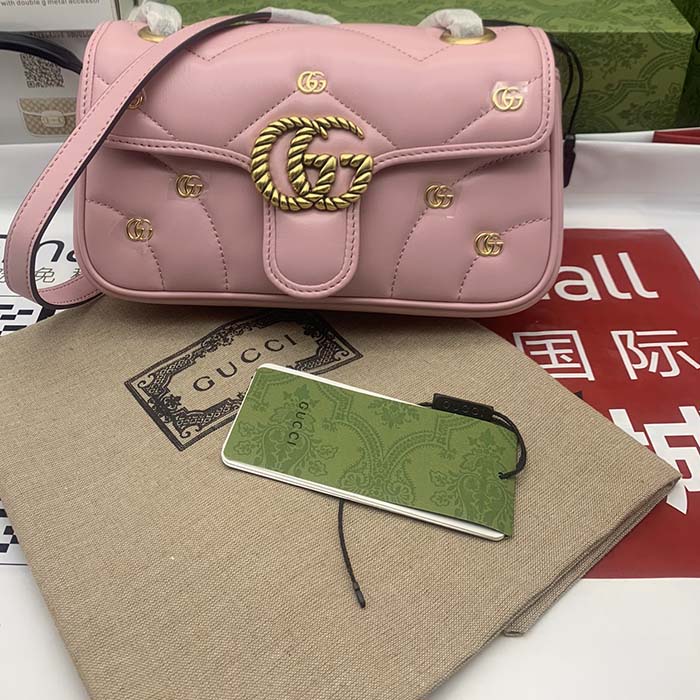 Gucci Women GG Marmont Mini Bag Pink Matelassé Chevron Leather Double G (8)