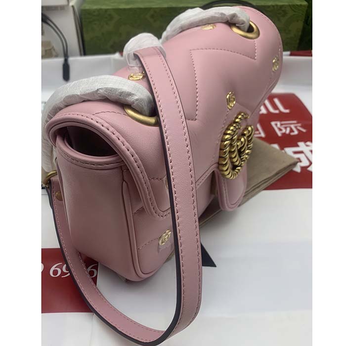 Gucci Women GG Marmont Mini Bag Pink Matelassé Chevron Leather Double G (9)