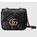 Gucci Women GG Marmont Mini Shoulder Bag Double G Black Matelassé Chevron Leather