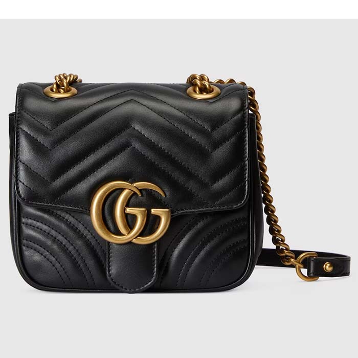 Gucci Women GG Marmont Mini Shoulder Bag Double G Black Matelassé Chevron Leather