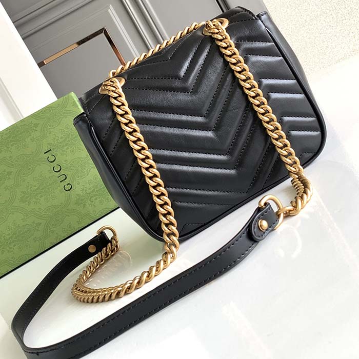 Gucci Women GG Marmont Mini Shoulder Bag Double G Black Matelassé Chevron Leather (10)